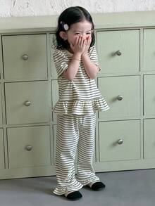 DAZY 2件套女婴条纹方领长袖荷叶边上衣和裤子套装 幼儿女童服装 - 灰色 - 查看 6