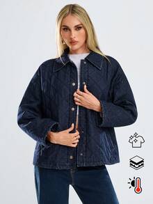 Avantive Fall & Winter Women  Blue Denim Jacket Christmas New Years Holiday Party Women Coat Black Blue Coat Holiday New Years Loose Coat Long Sleeve Coat New Years Eve New Years Christmas Party Women Denim Holiday Women Holiday Christmas Y2k Loose Collared Retro Party Wear Blue Washed With Pockets Street Style Belt Classy Daily Wear Casual Denim Coat Padded Denim Warm Denim Ladies Denim Thick Jacket Lambswool Denim Women's Denim Jacket Women's Denim Jacket Quilted Denim Jacket Jeans Jacket For Woman - Dark Wash - View 5