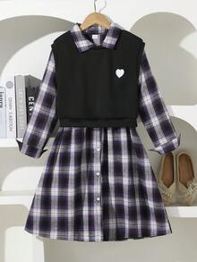 Tween Girls Elegant Commuter School Style Plaid Long Sleeve Dress + Knit Vest Sweatshirt Set, Autumn/Winter - Multicolor - View 3