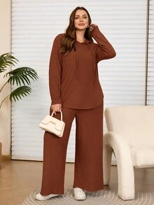 Rosumi 2件組大尺碼女款休閒連帽衛衣上衣與口袋長褲套裝，2件組大尺碼女款秋季休閒純色紅棕色連帽衛衣與口袋長褲套裝，秋冬季，大尺碼冬季服飾，保守兩件套裝，舒適兩件套裝，女款保守套裝，寬腿褲套裝，舒適透氣，外出穿搭，2026新款服飾，簡約時尚日常穿著，早春，棕色女款兩件套裝，女款居家休閒套裝，2件組女款居家休閒套裝，女款度假穿搭，女款假期穿搭，女款春季穿搭，情人節，女款情人節穿搭 - 鏽棕色 - 查看 8