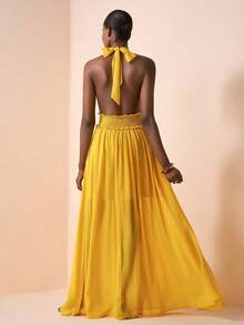 Zivah 2026 Spring/Summer New Music Festival, Easter, St. Patrick's Day, Valentine's Day, Date, Western, Nomadic, Birthday Party, Graduation, College, Student, Casual, Daily, Basic, Leisure, Vacation, Cruise, Beach, Sunbathing, Viral Hit, Streetwear, Wedding Guest, Boho, Commute, Brunch, Airport, Party, Holiday, Office, Halter Neck Tie Sleeveless Long A-Line Waist Cinched Flowy Yellow Chiffon Dress - Yellow - View 3