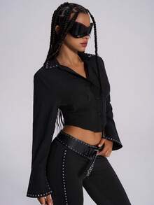 TypaGal Y2K Edgy Chic Urban Bold Modern Rebel Sparkle Wild Sexy Stylish New Year Winter Summer Black Woven Loose Studded Decoration Bell Sleeves Women Blouses