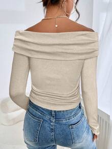 Firerie Women's Solid Color Ruched Off Shoulder Fashionable Long Sleeve T-Shirt - Apricot - View 2