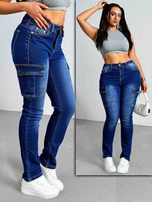 Pantalón Cargo Skinny Mezclilla Azul Elástico para Mujer Super Funcional y Cómodo - Azul lavado oscuro - Ver 1