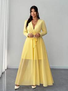 Elenzga 大码女士优雅浪漫休闲V领长袖飘逸雪纺长裙 - 黃色 - 查看 4