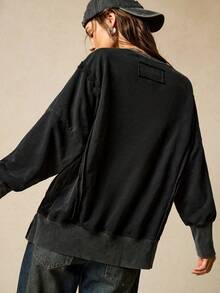 SoleilVie 女士休闲碎花针织圆领长袖开衩卫衣，春假外出上衣，Y2K 女装，2000 年代风格，Y2K 上衣，情人节 - 黑色 - 查看 3