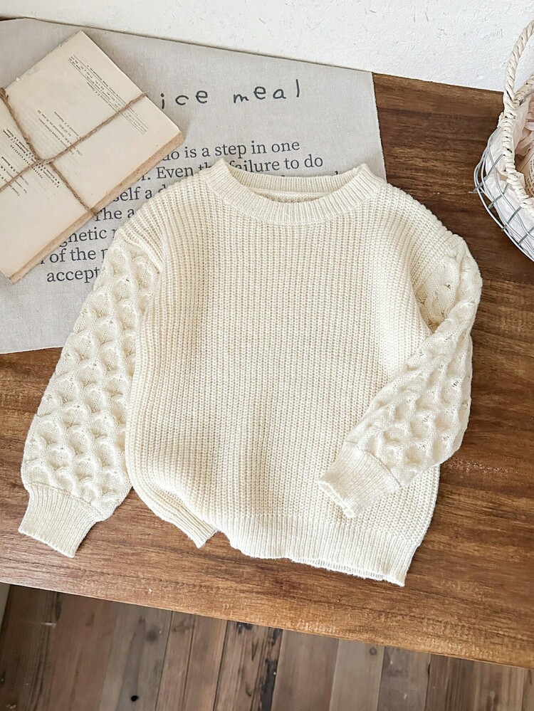 SHEIN LMoss Kids 女童可爱百搭休闲长袖毛衣，秋冬季 - 杏色 - 查看 4