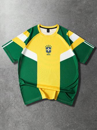 Camiseta deportiva casual para hombre, camiseta de manga corta con parches de color contrastante estilo deportivo de Brasil
