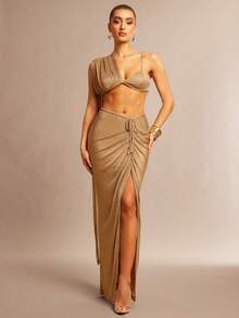 Silquee Women's Fashion Party Crop Top & High Slit Mini Skirt Set - Gold - View 7