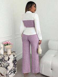 Xyvia Bộ 2 món Áo dài tay cao cấp thông minh trưởng thành màu mơ và trắng sang trọng dành cho nữ đi làm, áo sơ mi cổ bẻ, cổ bẻ, ôm eo, quần ống rộng có gân, phù hợp mặc ở văn phòng, trường học, công sở, đi làm, thường ngày vào mùa thu, đông, xuân - Màu tím - Xem 2