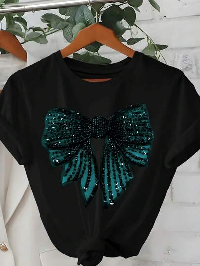 DrmWander Plus Size Women Casual Pearl Decor Bow Short Sleeve T-Shirt