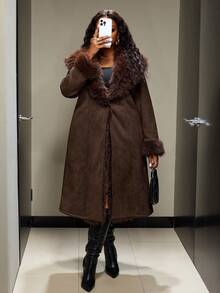 Truni Plus Size Women Solid Color Long Sleeve Faux Fur Long Jacket, For Pear Triangle Body Shape/Winter