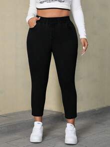 SHEIN ICON Plus Size Plain Simple Casual Jeans - Black - View 3