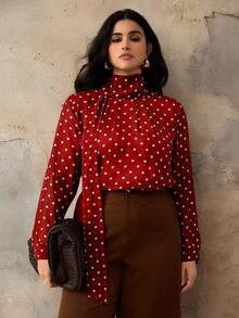 Roveilla 大码咖啡棕色波点雪纺衬衫，秋冬 - 紅色 - 查看 3