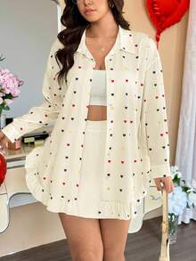 Vionelle Plus Size Women Valentine's Day Heart Print Ruffle Hem Long Sleeve Blouse, Spring/Autumn - Apricot - View 7
