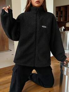 SHEIN EZwear Casual Letter Patch Off Shoulder Teddy Jacket In Fall/Winter - Black - View 4