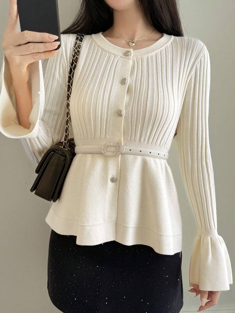 Women's Elegant White Ruffled Collar Waist Fitted Knit Sweater, Winter