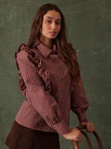 WESTFADE Collared Button Front Ruffle Long Sleeve Cotton Blend Checkered Plaid Shirt Cute Fall Tops, Casual Cowgirl Clothes, Fall, Autumn, Boho, Winter, Country Concert, Western Wear For Women - Burgundy - View 2
