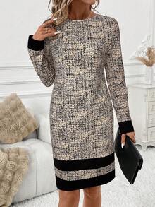 SHEIN Clasi Váy dệt kim cổ tròn tay dài dành cho nữ, màu mơ với vải in co giãn và tương phản màu đen, thanh lịch để mặc hàng ngày, mùa thu/đông và đầu xuân - Màu be - Xem 6