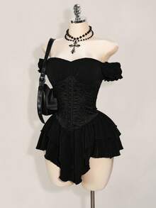 SHEIN PETITE CURVE 大码女式纯色露肩前开襟纽扣时尚连衣裙 - 黑色 - 查看 4