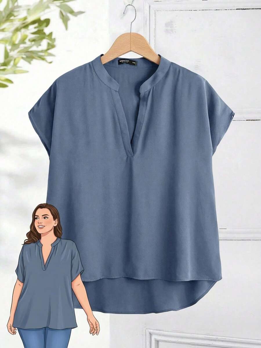 Rusticease Plus Notch Collar High Low Hem Top - Dusty Blue - View 1