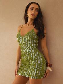 Silquee 女士时尚性感亮片吊带迷你连衣裙 - 軍綠色 - 查看 5