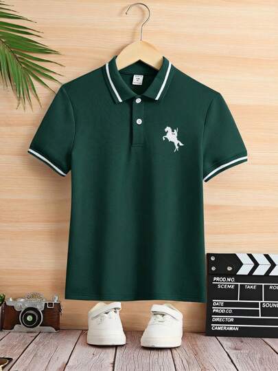 SHEIN Tween Boy Collared Solid Color Short Sleeve Polo Shirt Flash Burgundy Boho Goth Y2k Streetwear Rave Vacation Holiday Party Festival Fall Winter Winter Clothes Retro Vintage Casual Cozy