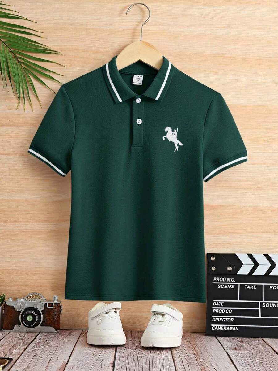 SHEIN Little Byeori 男童纯色短袖翻领Polo衫 - 墨綠色 - 查看 1
