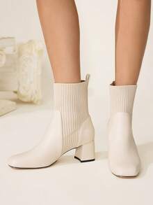 CUCCOO CHICEST 女士时尚百搭通勤粗跟踝靴 - 米色 - 查看 5