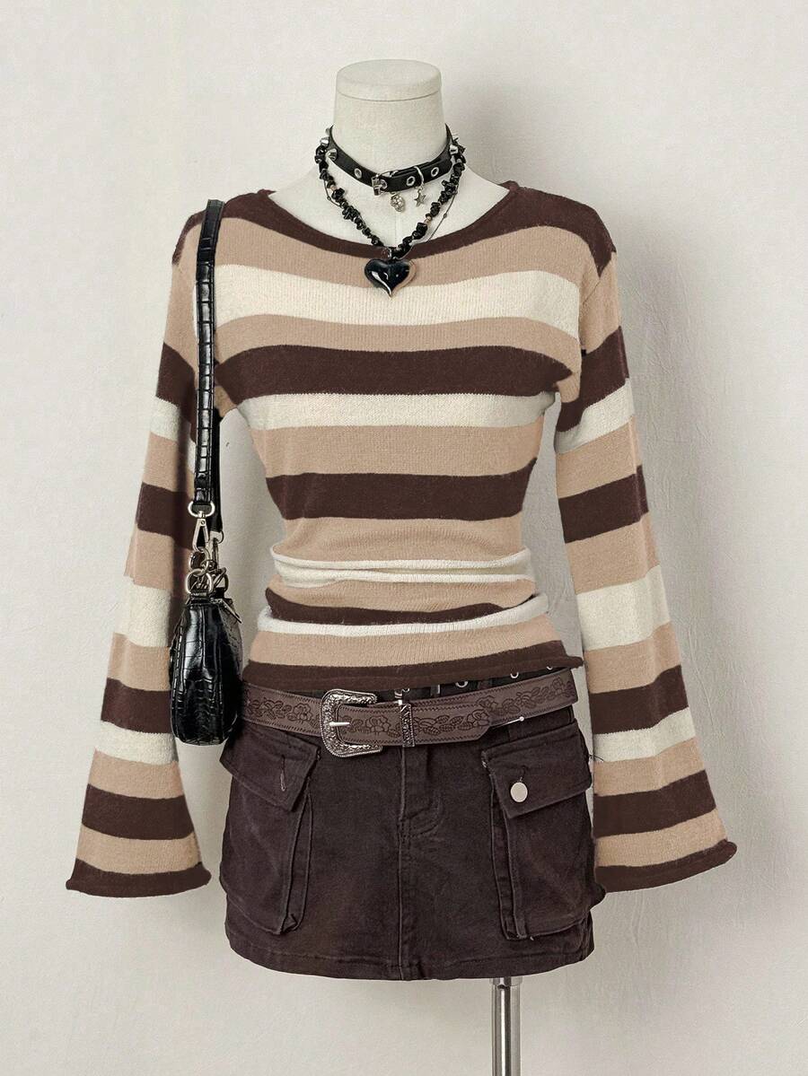 EgrlEra Women's Casual Colorblock Striped Flare Sleeve Sweater, Autumn - Multicolor - View 1