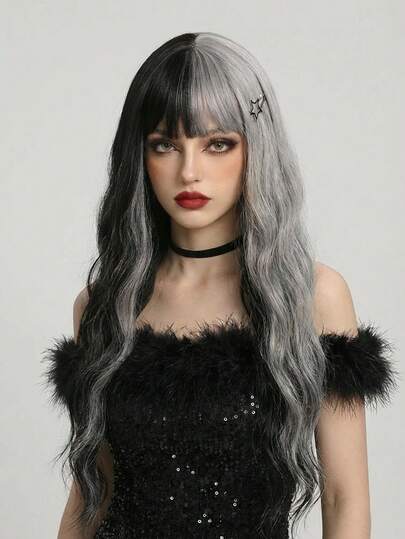 ROMWE Grunge Punk Peruca sintética ondulada preta e branca para mulheres, peruca com franja, natural, macia, tecida, corpo longo, encaracolada, com luzes, para uso diário, festa, fantasia, 26 Polegadas de comprimento