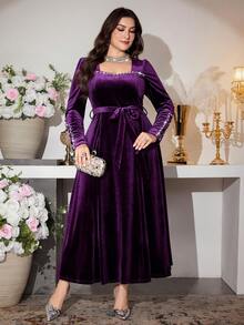Modelyn Đầm chữ A cổ vuông tay dài đính ngọc trai nhung thanh lịch cỡ lớn, phù hợp mặc hàng ngày và tụ tập vào mùa xuân và mùa thu - Màu tím - Xem 5