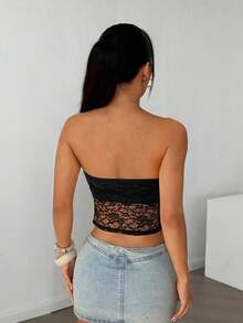 SHEIN EZwear 女士黑色露脐透视抹胸不对称下摆流苏性感露脐上衣 - 黑色 - 查看 2