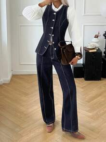 Livesso 女士休闲牛仔背心上衣和裤子套装，秋冬季 - 深色水洗藍 - 查看 6