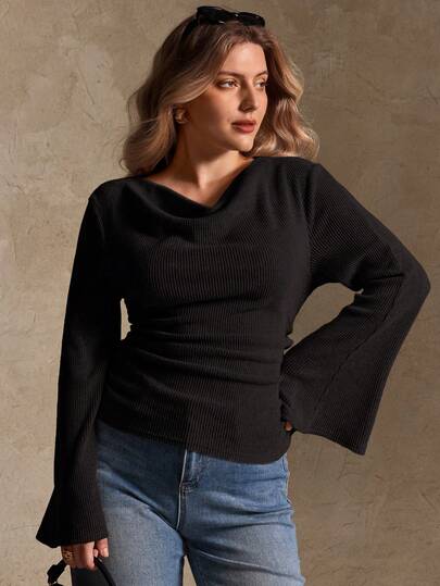 Elegantrix Plus Size Women Loose Collar Flare Sleeve Gathered Waist Ruched Chiffon Knit Casual Top, Autumn/Winter