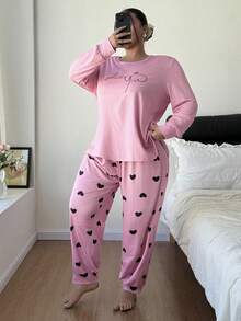 SHEIN Plus Size Letter Print Pajama Set, Heart All-Over Print Sleepwear Pants - Pink - View 3