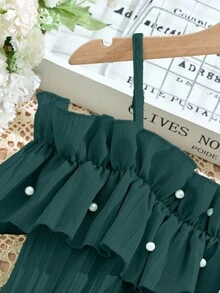 SHEIN Tween Girls' Casual Woven Dress With Ruffled Off Shoulder Adjustable Neckline, Simple Design, Dress Only (Belt Sold Separately For Styling) - Dark Green - View 4