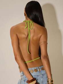 SHEIN BAE Women's Spring/Summer Beach Vacation/Holiday Cuban Avocado Green Heavy-Fit Drape Neck Sheer Fringe Halter Top - Perfect For Parties, Holiday Party, Beach Top, Date Nights, And Party Party,Carnival Women Look 2026,Spring Break Outfits,Summer Holiday Outfits - Green - View 2