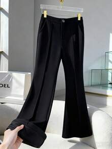 SHEIN Franclia 女士纯黑色修身腰部保暖加厚复合拉链腰带喇叭裤，适合冬季穿着，圣诞节、新年、感恩节皆宜。 - 黑色 - 查看 6