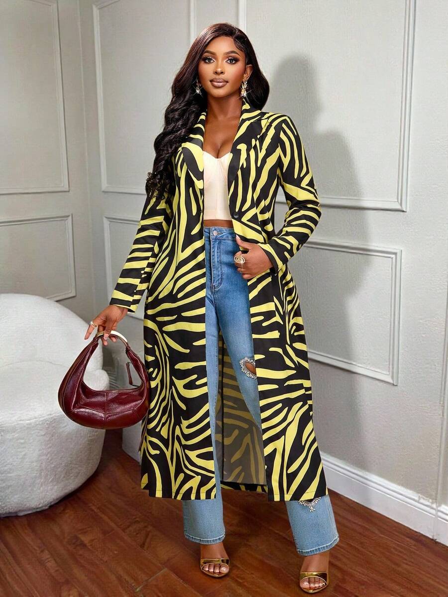Brilight Abrigo de mujer con estampado de cebra suelto y extra largo, con cuello de solapa y un botón. Con estampados de animales y flores. Adecuado para fiestas, artículos de fiesta y uso diario. Abrigo extra largo, abrigo de otoño
