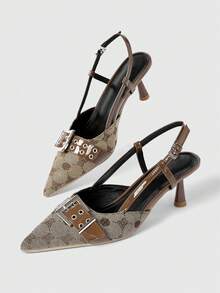 Sleekvia Women's Pointed Toe Buckle Design Everyday Versatile Fashion High Heels For Christmas - Khaki - View 2