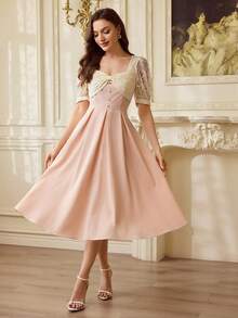 Vintamour 复古优雅女士连衣裙，花卉提花纹理蝴蝶结，假日派对长款夏季连衣裙，女士夏季服装，夏季度假装，春季服装，女士春假装，春季服装，情人节连衣裙，情人节女士装扮，情人节优雅连衣裙，派对连衣裙，女士优雅派对连衣裙，婚礼宾客连衣裙，女士生日连衣裙，女士生日装扮 - 淺粉色 - 查看 2