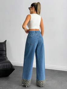 EURMUSE Fashionable Commuter Leopard Print Patchwork High Waist Wide Leg Jeans - Blue - View 2