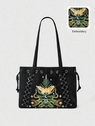Fairycore Dunkelstil bestickter Motten-, Schlangen-, Stern- und Mond-Element Schnürtasche mit einem Träger, lässige Pendler- und Einkaufstasche