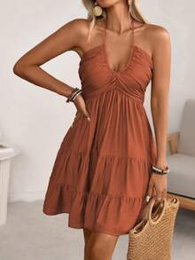 Breezaya Women's Spring/Summer Single Bamboo Knot Linen Vacation Beach Dress, Bohemian Western Shirred Shirred Bust Tiered Cake Skirt A-Line Backless Adjustable Halter Bow Dress - Rust Brown - View 7