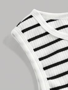 Girlism Tween Girl Ribbed Black & White Ribbed Round Neck Cinched Waist Casual Tank Top