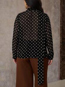 Roveilla 大码咖啡棕色波点雪纺衬衫，秋冬 - 黑色 - 查看 2