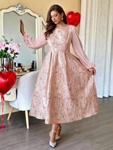 Vionelle 大码女式花卉提花圆领灯笼袖褶皱优雅连衣裙 - 粉色 - 查看 6