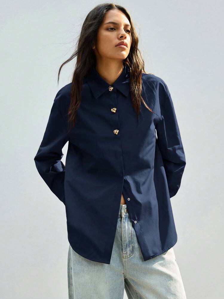 SHEIN Maija Women's Turndown Collar Long Sleeve Metal Decor Button Loose Blouse, Urban Commute Business Casual Elegant Shirt, Suitable For Valentine's Day, Summer, Wedding Guest, Resort, Teacher, Office Wear St Patrick's Day Women Easter