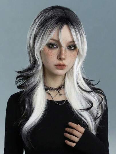 ROMWE Kawaii 1 peluca sintética resistente al calor, con ondas naturales largas, con flequillo, multicolor, 26 pulgadas, natural diaria, suave y realista (sin accesorios)